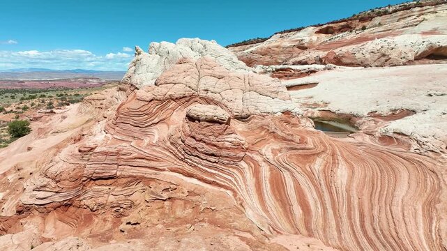 Aerial White Pocket Sandstone Formations Fly Through Forward Arizona Desert