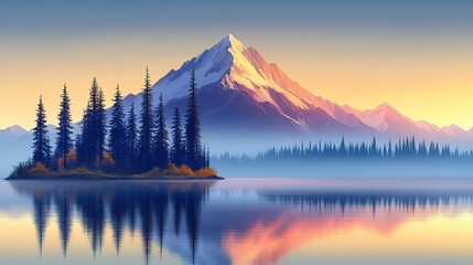 Serene mountain landscape with a tranquil island.