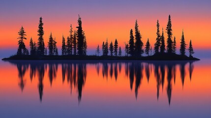 Silhouetted trees on an island reflected in a calm lake at sunrise.