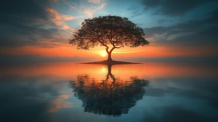 A solitary tree stands sentinel at sunrise over a calm body of water.