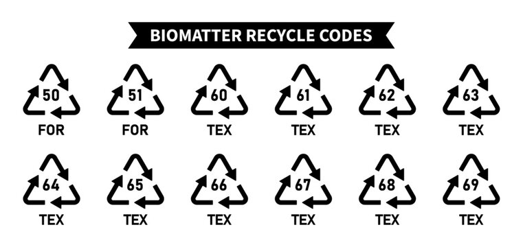 Biomatter recycling codes icon set, triangular reuse arrow biomatter and tex recycling symbols, codes 50, 51, 60, 61, 62, 63, 64, 65, 66, 67, 68, 69 for industrial and factory products, Vector icons.