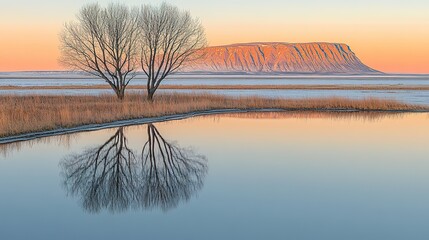 Reflection of a mountain and trees on a calm lake at sunrise.