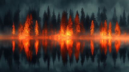 Fiery trees reflected in a tranquil lake.