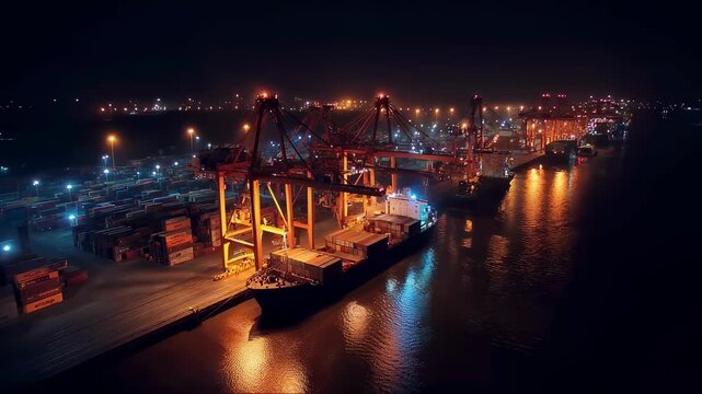 An aerial view of a port with a massive entry gate illuminated by floodlights showcasing RFID reader devices on tall poles that automatically track cargo containers as they pass through.