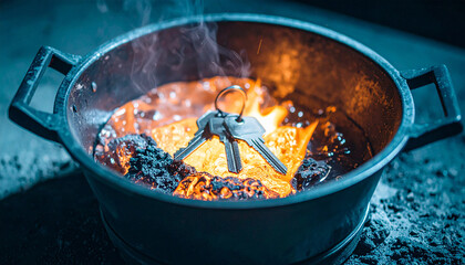 House Keys Melting in Crucible
. Economy Concept. Generated Image
