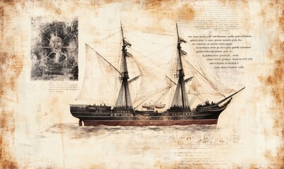 Antique illustration featuring a two-masted sailing ship at sea, surrounded by aged paper with handwritten text and a skull and crossbones compass rose, evokes maritime adventure