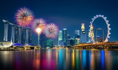 Vibrant fireworks exploding above singapore's glittering marina bay, showcasing marina bay sands and singapore flyer against nocturnal urban landscape