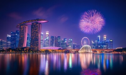 Fototapeta premium Vibrant fireworks bursting above singapore cityscape, marina bay sands, artscience museum, singapore flyer glimmering against dark waters, night skyline shimmering with light