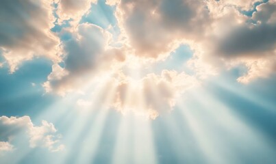 Radiant sunlight penetrating soft clouds against deep blue sky, revealing celestial luminosity and serene atmospheric depth, symbolizing natural harmony and quiet inspiration