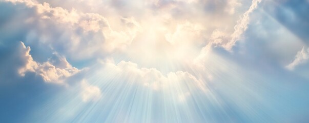 Bright sunrays piercing white clouds, illuminating blue sky with serene radiance, symbolizing hope and tranquility for inspirational backgrounds