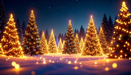 Christmas trees in a snowy forest at night