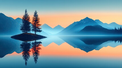 Serene lake landscape at sunrise, with mirrored mountains.