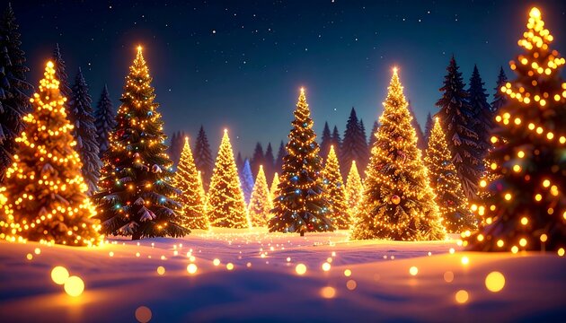 Christmas trees in a snowy forest at night - Powered by Adobe