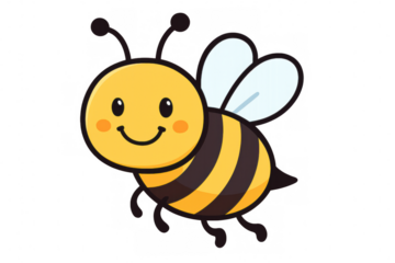 Cheerful cartoon bee flying with bright smile, spreading joy across colorful background, ideal for kids' publications and educational graphics