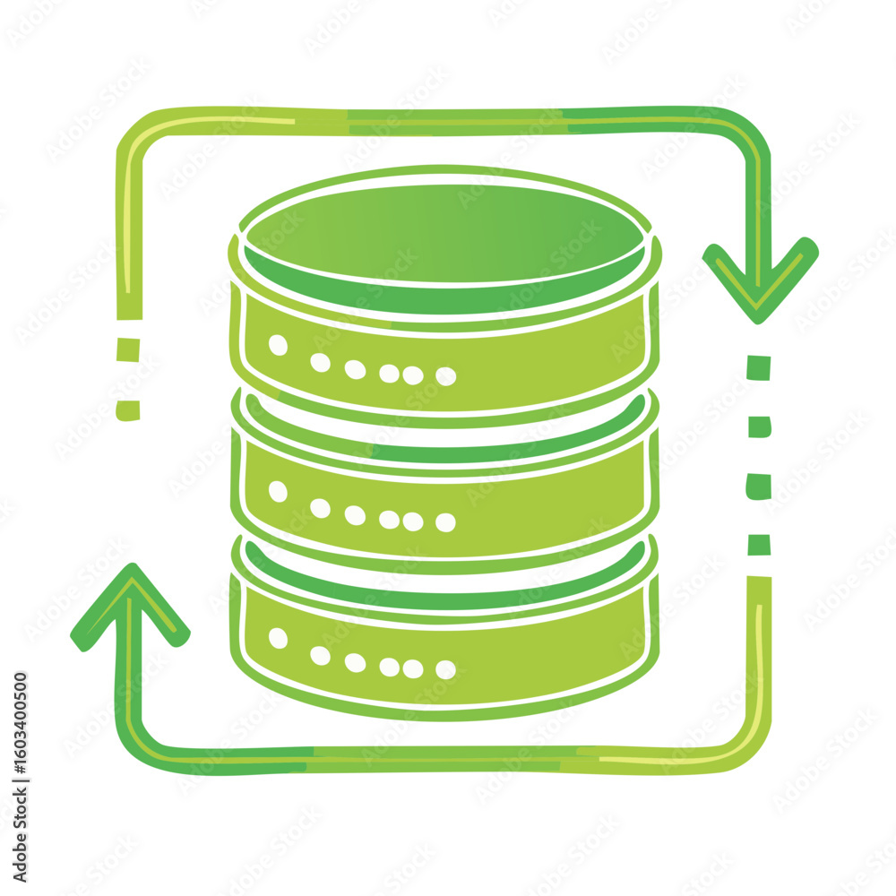Poster green gradient database server icon with refresh arrows for cloud computing