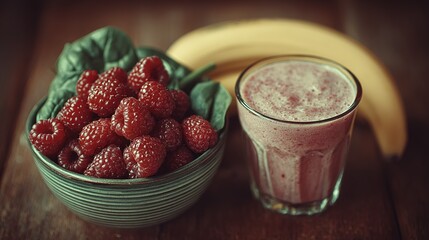 Raspberries, spinach, and banana smoothie in a glass.