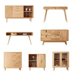 Elegant Collection of Modern Wooden Furniture on a Black Backdrop Featuring Natural Wood