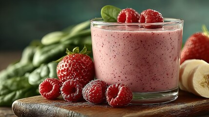 A vibrant smoothie drink surrounded by fresh berries and spinach.