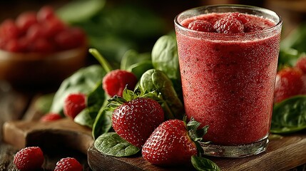 A vibrant smoothie made with fresh raspberries and strawberries.