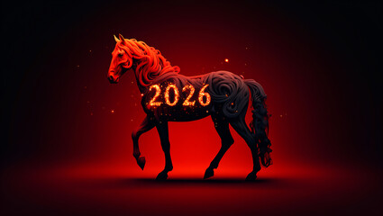 Fiery horse with glowing mane and 2026 inscription, symbolizing the Chinese Year of the Horse. Futuristic design with red and black color scheme.