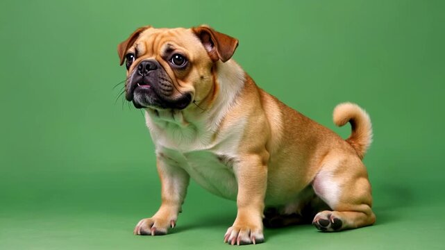 A charming Puggle dog poses gracefully against a vibrant green backdrop, radiating joy and companionship. capturing the essence of dog's innocent.