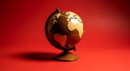 A wooden globe on a red background