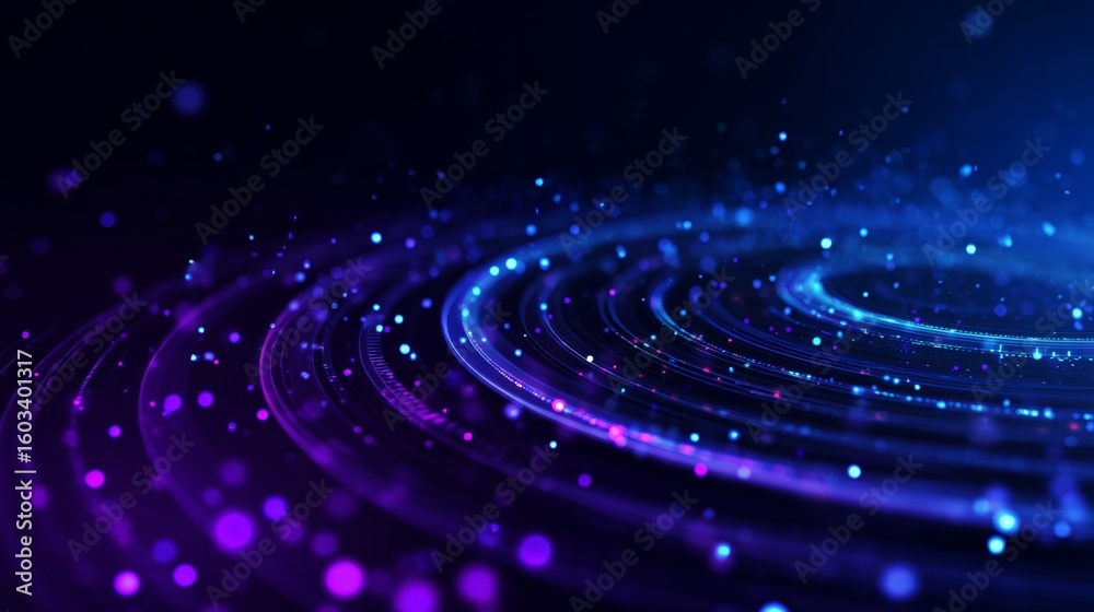 Poster luminous digital particles rotating, forming concentric circles and swirling in mesmerizing dynamic 