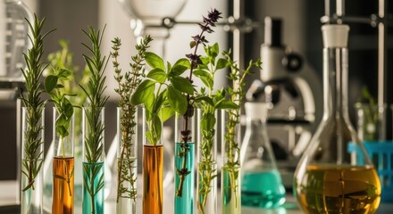 Experimental setup with test tubes and fresh herbs in scientific study