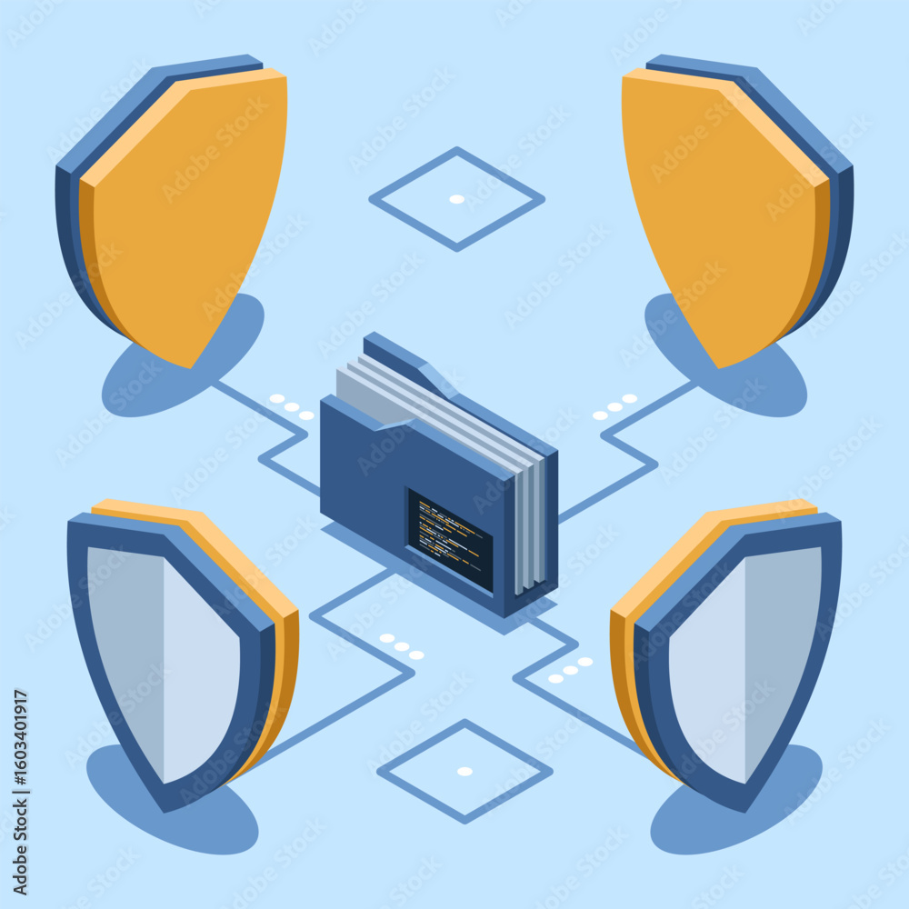 Poster isometric folder with shield. data protection. folder security. safe documents and folder. isometric