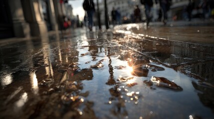 Reflective City Street Puddle with Sun Glimmering Through Raindrops