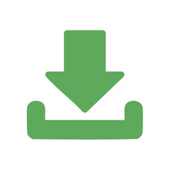 Green arrow pointing downward into a box symbolizing downloading, data transfer concept, icon