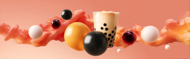 Abstract Swirl Backdrop Inspired by Thai Tea and Boba Colors
