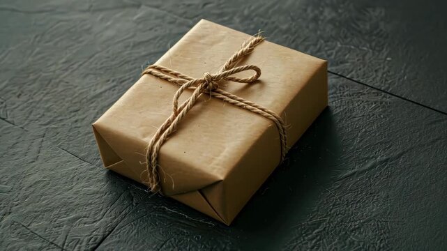 Gift Wrapped in Brown Paper: A perfectly wrapped gift tied with twine rests elegantly on a dark, textured surface, conveying a sense of anticipation and thoughtfulness. 