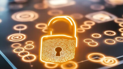 Glowing padlock with fingerprint detail set against a digital network background emphasizing data security and protection in a futuristic design. - Powered by Adobe