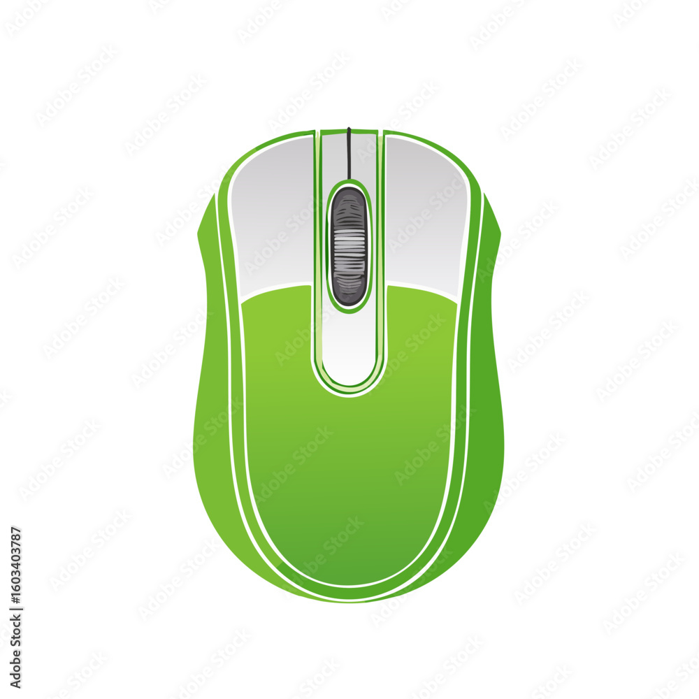Poster computer mouse illustration green ergonomic shape with scroll wheel for computer interface