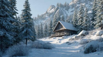 Fototapeta premium Enchanting Cabin Retreat Amidst Snow-Covered Mountains and Towering Pines