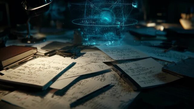 Conceptual image of a developers workspace filled with digital notes and quantum mechanics diagrams as they engage in writing QASM code to control a fivequbit algorithm. The scene captures