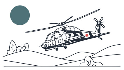 Simple Line Art of a Helicopter Over Rolling Hills.