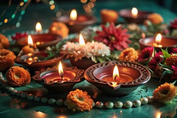 Diyas and flowers illuminate a festive celebration with warm glowing lights