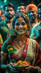 Joyful woman celebrates holi festival with colorful face and traditional attire