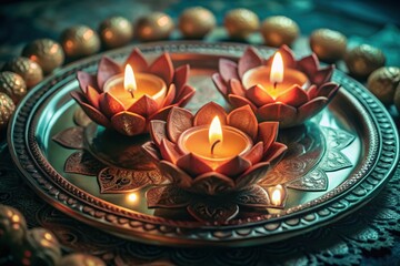 Three lotus flower candles glow on an ornate metal tray with golden orbs