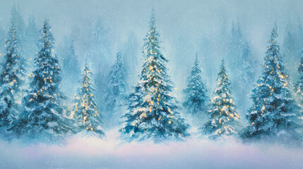 Magical forest snowy Christmas trees and glowing lights Christmas card style watercolor abstract artistic winter wonderland nature snow woodland holiday background backdrop wallpaper with copy space
