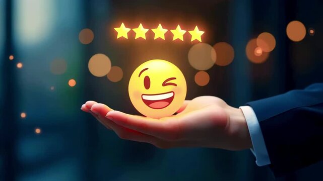 A business professional holds a glowing smiley face emoji symbolizing customer satisfaction and reviews