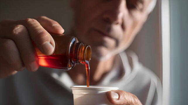 Senior man pouring red cough syrup into measuring cup
