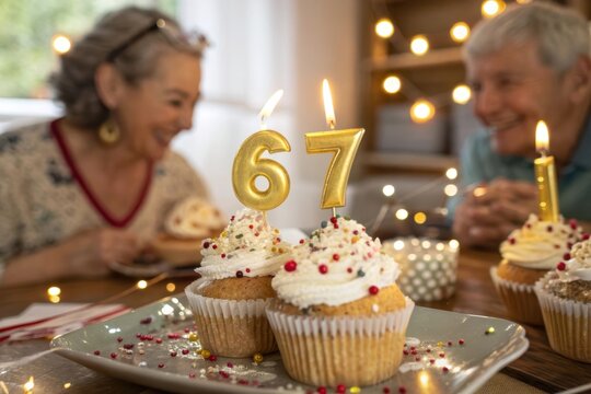 Couple celebrating 67th birthday with festive cupcakes and candles