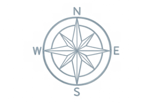Glass compass rose revealing cardinal directions on transparent backdrop, representing navigational precision and adventurous spirit