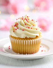 Elegant Vanilla Cupcake with Swirled Buttercream and Pink Sprinkles on a Dreamy Bokeh Background.