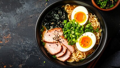 Exquisite Ramen Bowl with Sliced Pork SoftBoiled Egg and Seaweed on Dark Textured Surface.