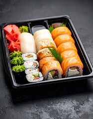 Exquisite Sushi Platter Vibrant Salmon Rolls Maki and Nigiri in Elegant Black Takeout Container.