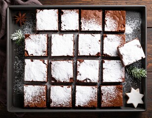 Festive Chocolate Brownies Dusted with Powdered Sugar Star Anise and Pine for Holiday Baking.